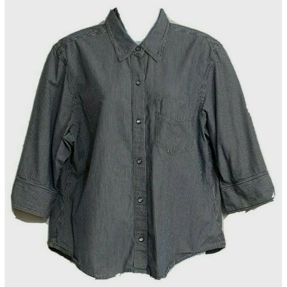 Liz Claiborne Womens Pearl Snap 3/4 Sleeve Front Slit Fold Cuff Shirt L Stripe